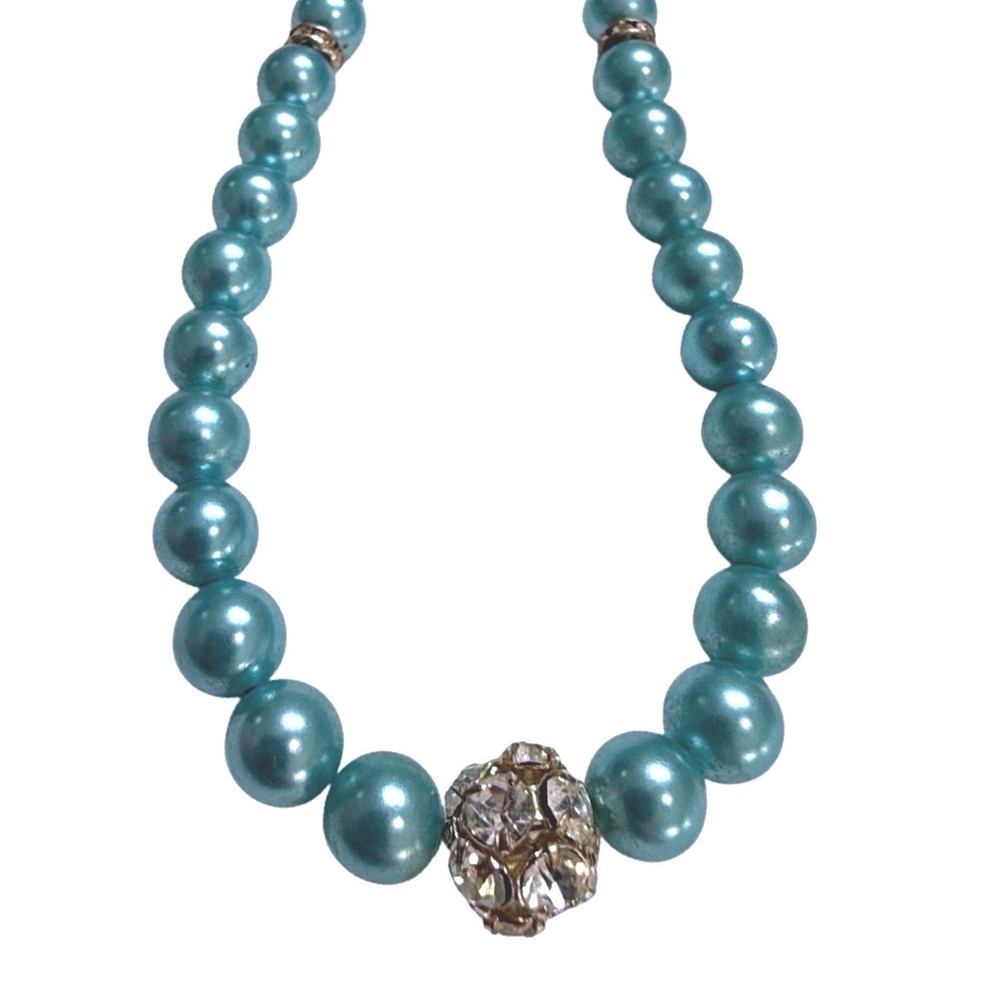 Faux Pearl Necklace Blue Rhinestone Beaded Adjustable Silver Tone Jewelry 17 in